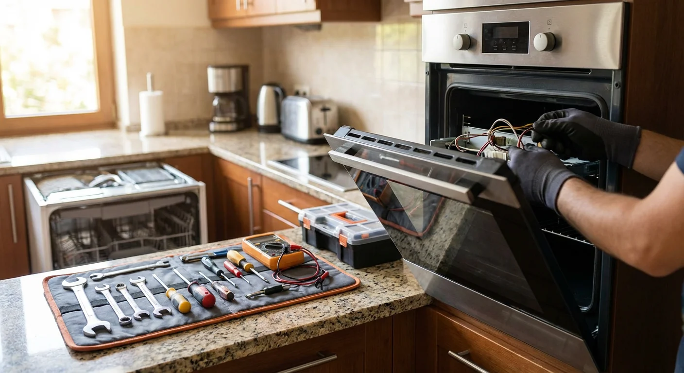 Professional technician hands repairing modern appliance component