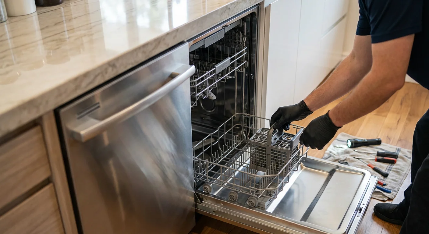 Close-up of repairman hands in black gloves working on a disassembled dishwasher focusing on internal components