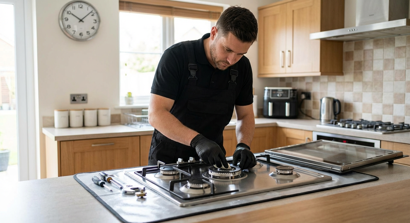 Technician's hands repairing a stove