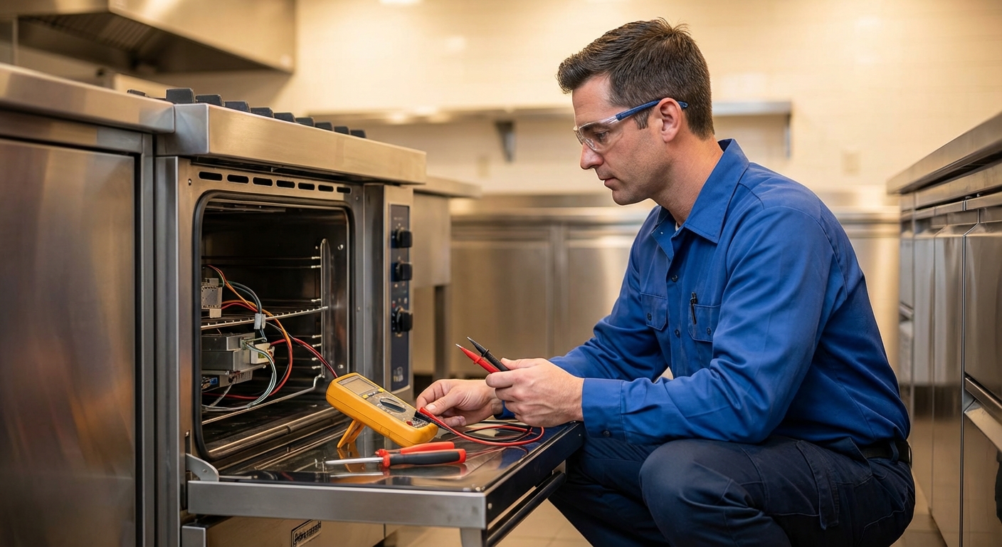 Technician's hands repairing a stove